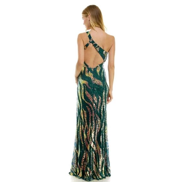 City Studio Dress‎ Juniors' Sequin One-Shoulder Slit Gown Size 8 Green Gold NWT - Picture 2 of 12